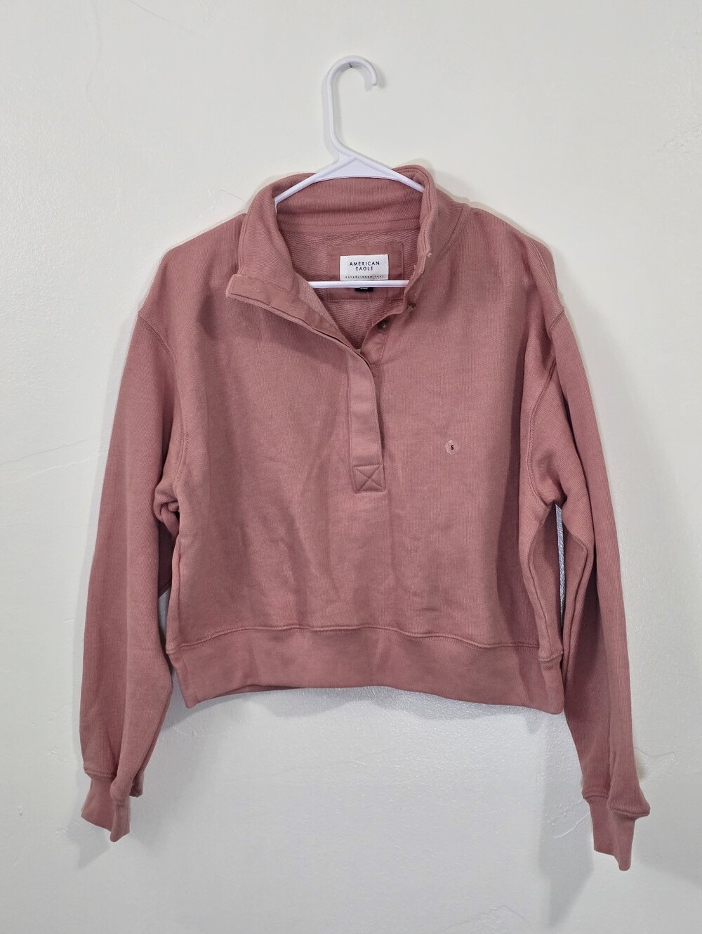 American Eagle Cropped Henley Sweatshirt Womens S Dusty Pink Collared